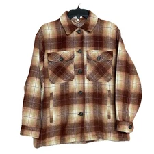 Workshop Republic Clothing Womens S Brown Plaid Flannel Jacket Shacket Oversized