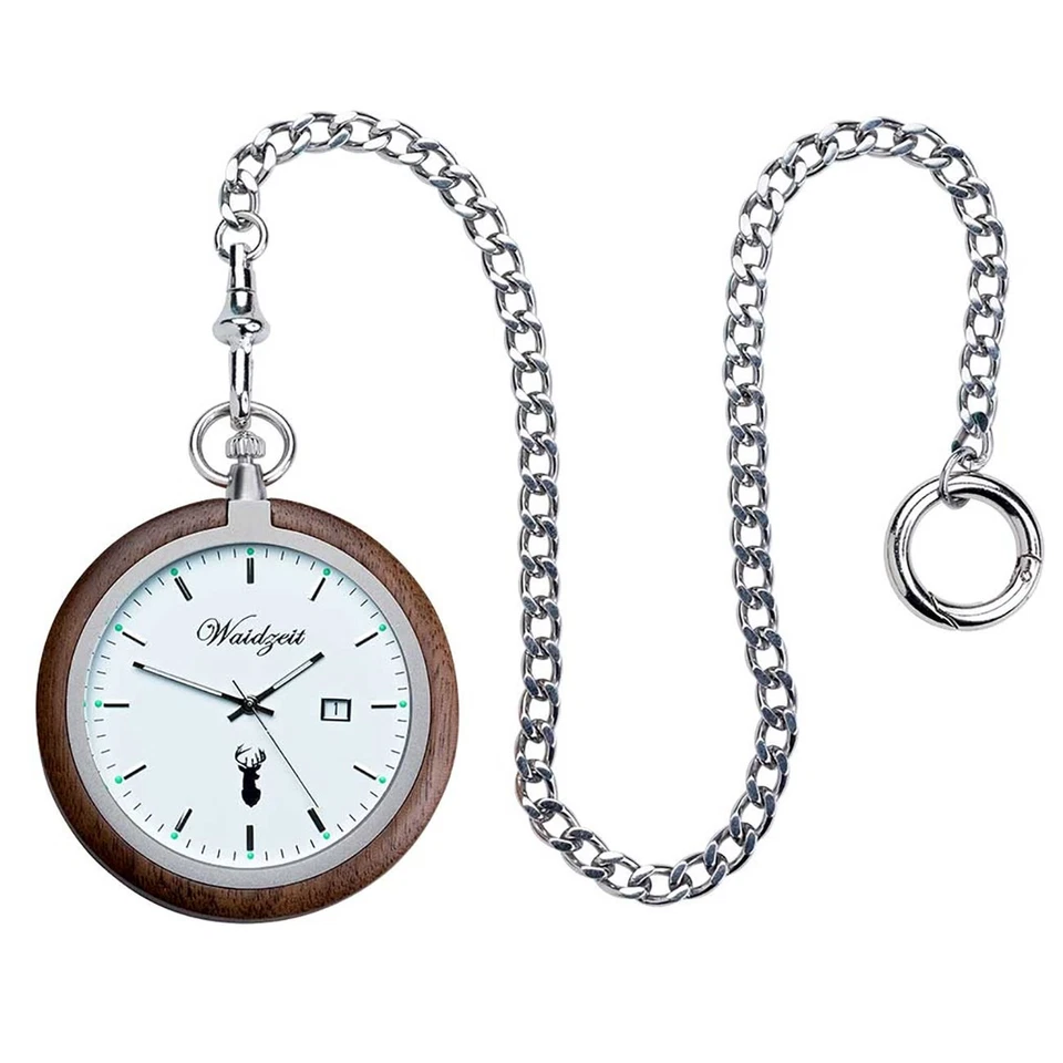 Waidzeit Herren Taschenuhr Edelstahl Walnuß dunkelbraun mit Uhrenkette UWATW01 - Bild 2 von 4