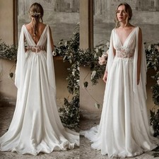 Boho Beach Wedding Dresses V-Neck Cap Sleeve Lace Appliques A-Line Bridal Gowns