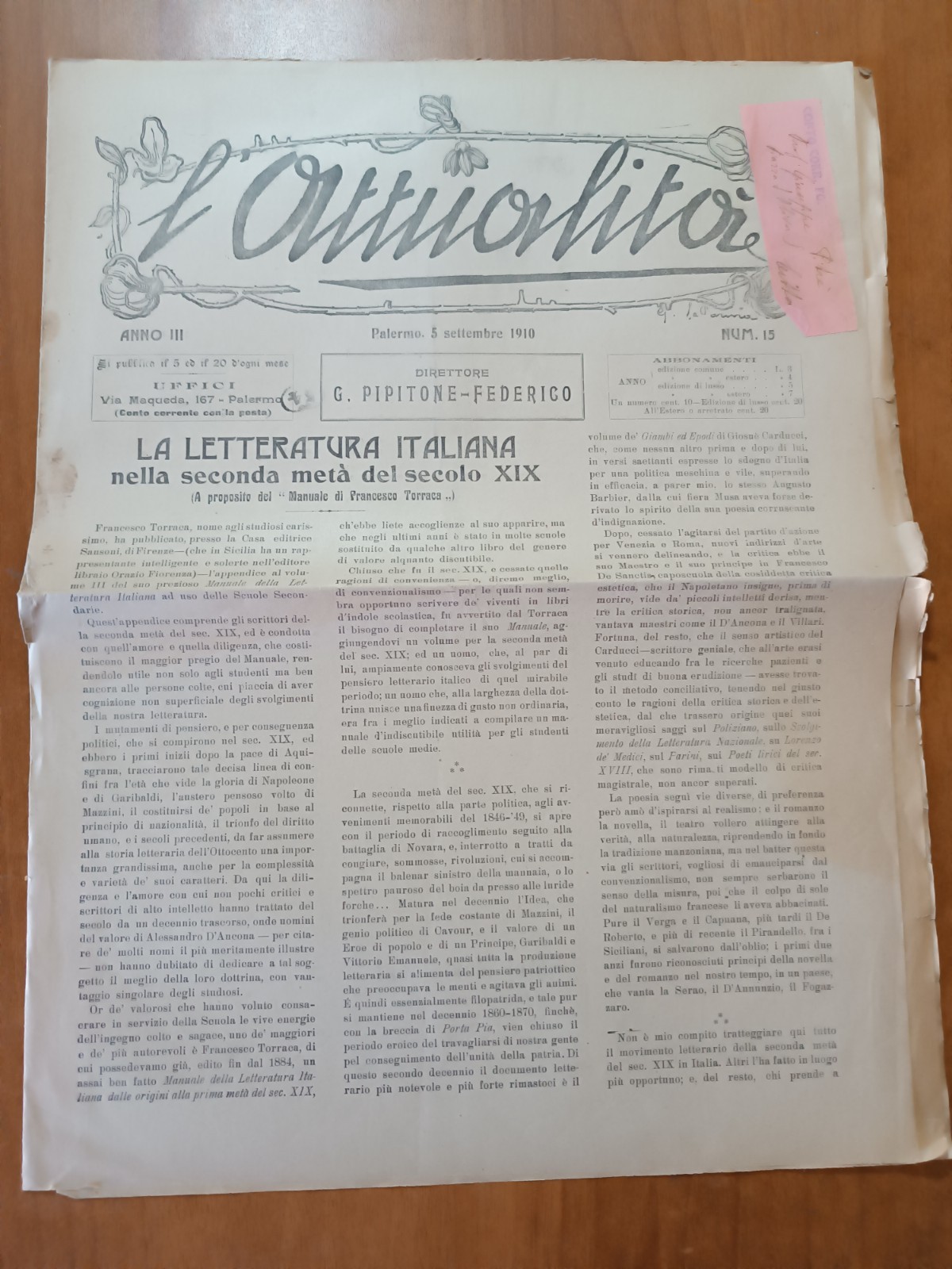 L'ATTUALITA' 15/1910 G. Pipitone Federico, Giuseppe Pitrè, Palermo