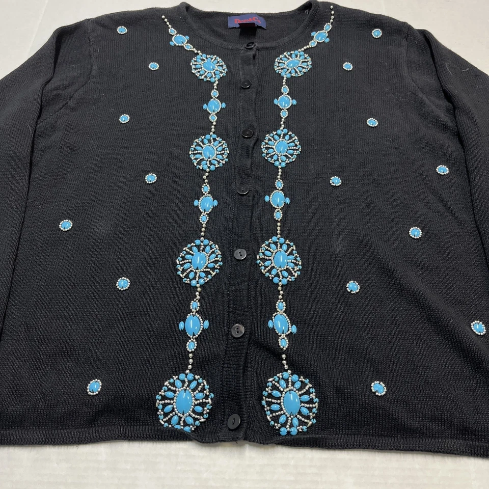 Suéter Denim & Co 2X Negro Turquesa Plata Cuentas Adornado Cárdigan Western Foto 3 de 4