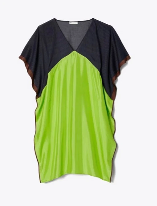 Nuevo Vestido Tory Burch Seda Satén y Algodón Caftán Talla XS/S $598 Azul Marino/Verde Foto 4 de 4