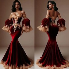 Sexy Burgundy Mermaid Prom Dresses Off Shoulder Flare Long Sleeves Evening Gowns
