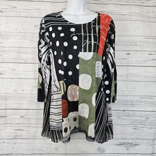 Jess & Jane Womens Top Sz Medium Black Green Polka Dot 3/4 Sleeve