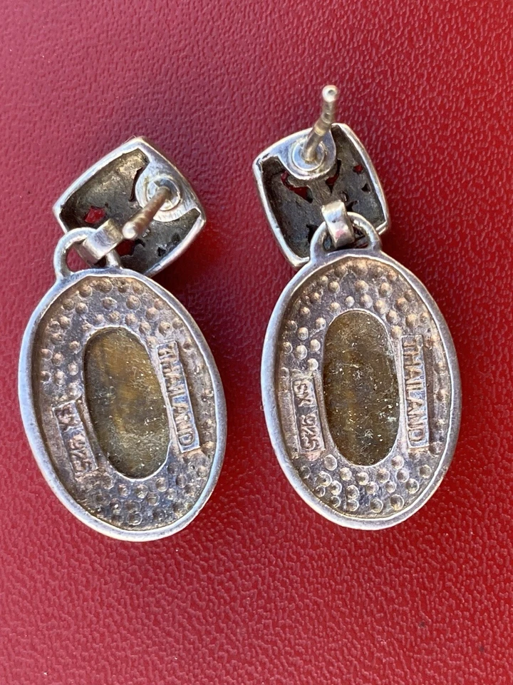 Pendientes Vintage Plata de Ley 925 con Piedras Preciosas Ojo de Tigre Tailandia Aspecto SW Foto 4 de 4