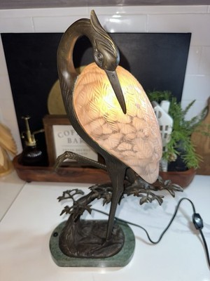 Andrea by Sadek Tin Chi 1996 Bronze Heron Crane Bird Lamp Pink Glass Marble Base