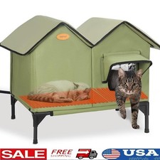 Heated Cat House Outdoor Insulated Shelter Feral Stray Cats W/ Heating Pad Green