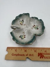 Vintage Handpainted Porcelain Leaf Shaped Trinket Dish With Gold Accents