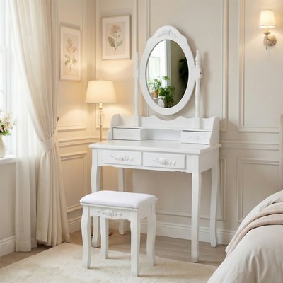 Princess Style Makeup Vanity Table Set w/ Mirror & 4 Drawer and Stool White/Pink