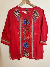 Raj Red Embroidered Floral Boho Style Top Size Large New