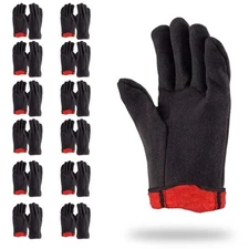 12 Pairs Red Fleece Lined Brown Jersey Red Fleece Gloves 14 oz Men'S Size