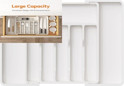 Cutlery Drawer Organiser, Expandable Utensil Tray for Kitchen, White 