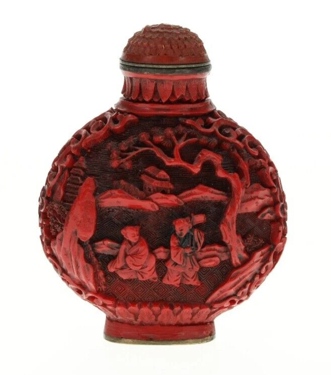 亚洲鼻烟瓶红色辛纳巴漆树脂树人宝塔标记雕刻 — 第 2/4 张图片