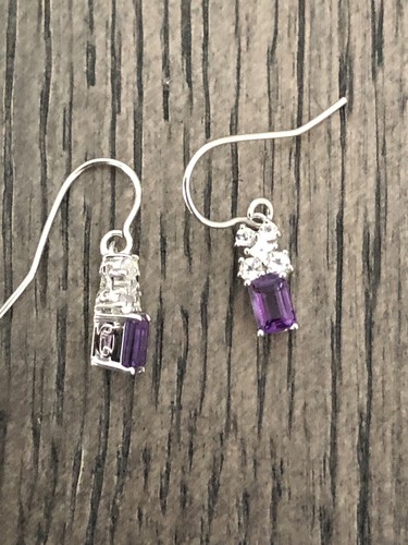 NEW Sterling Silver Sparkly CZ Purple Amethyst Gem Dangle Drop Hook Earrings - Picture 6 of 7