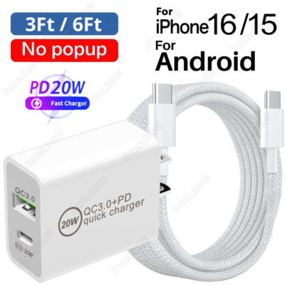 20W Dual USB-C Fast Charger Block Type-C Cable For iPhone 15 16 iPad Pro Android