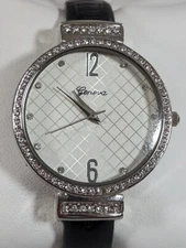 Geneva Silver Tone Crystal Accent Round Case Black Hinge Band Watch