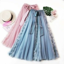 Lady Lolita Mesh Skirts Tulle Lace Pleated Midi Dress A-lined High Waist Casual