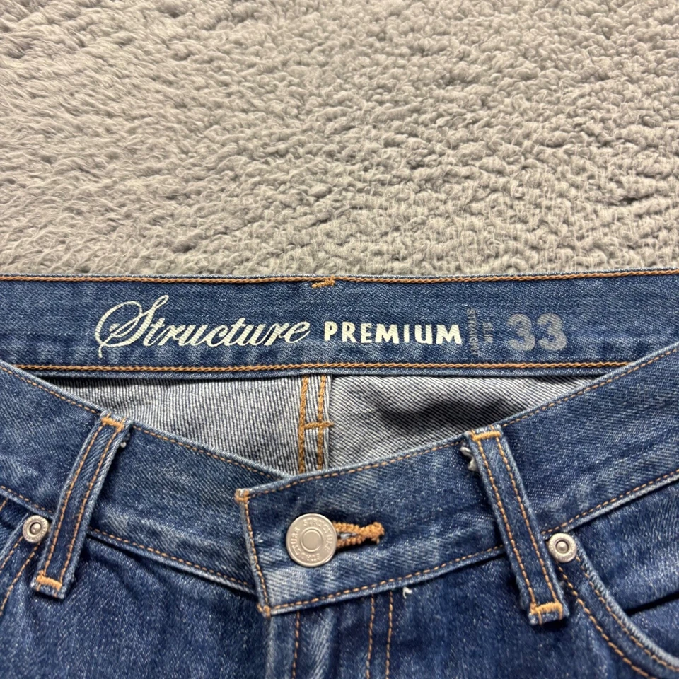 Pantalones de mezclilla Structure Premium para hombre 33x30 azul algodón lavado oscuro ajustados rectos Foto 3 de 4