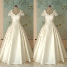 Vintage 1980s Wedding Dresses Short Sleeves Satin A Line Retro Bridal Gowns