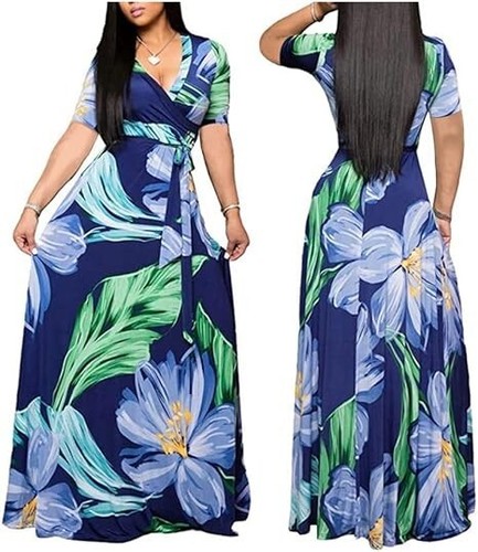 Locryz Women's Loose Fit V-Neck Wrap Short Sleeve Floral Belted Maxi Dress, M - Picture 2 of 9
