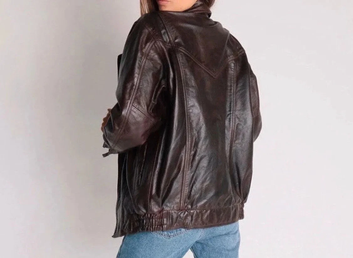 Women 90's Jacket Retro Brown Real Lambskin Leather Vintage Oversized Jacket  eBay