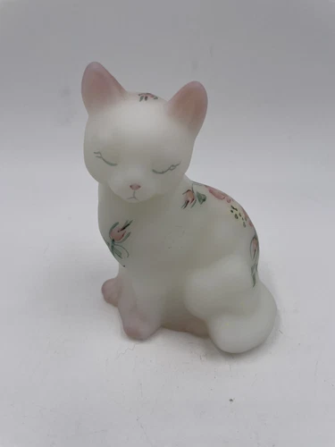 Fenton Satin Glass Hand Painted Cat Figurine With Roses