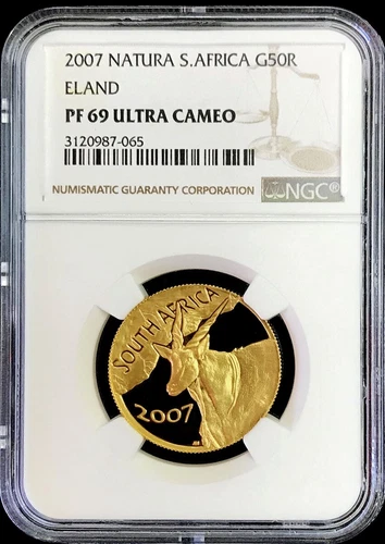2007 GOLD SOUTH AFRICA NATURA 50 RAND 1/2oz ELAND NGC PROOF 69 ULTRA CAMEO