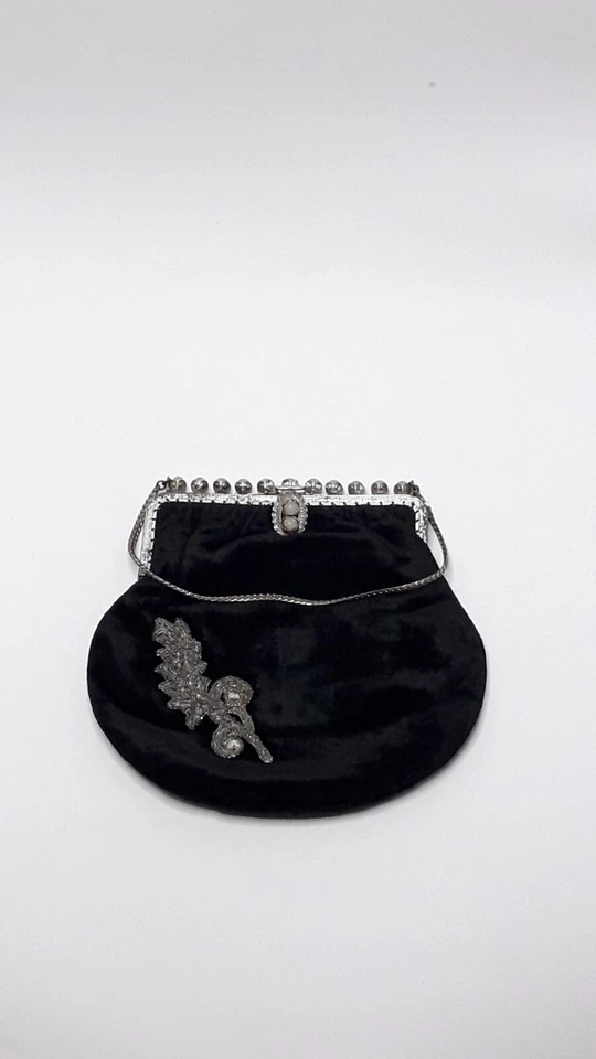 Beautiful Antique Art Nouveau Evening Bag Black with Imitation Pearl Chain Rare - Image 3 of 4