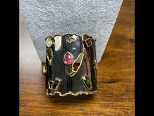 Sioro Oxidized Sterling Silver Cuff Bracelet with Genuine Tourmalines and 18k GP