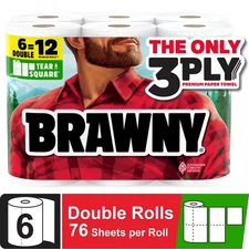 Brawny Tear-A-Square 3-Ply Paper Towels, 6 Double Rolls = 12 Regular Rolls, Stro