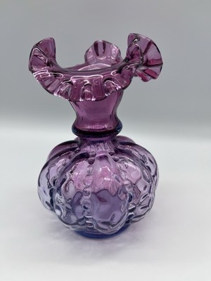 Vintage Fenton Rare Mulberry Beaded Melon Ruffled Vase 6 