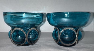 Caged Bubble Brutalist Blue. VTG Hand Blown Glass 3  x 3 6/8 