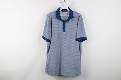 Redvanly Mens Medium Striped Color Block Tech Knit Collared Golf Polo Shirt Blue