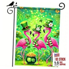 St Patricks Day Garden Flag 12x18 Double Sided, Lucky Green Hat Flamingo