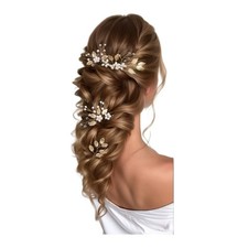 Metal Leaf Pearl Rhinestone Hair Comb and U-Shaped Hairpin Set Gold Silver Tone