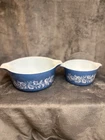 Vintage Pyrex Blue Floral Cinderella Bowls Set of 2 w Lids Chipped Lids