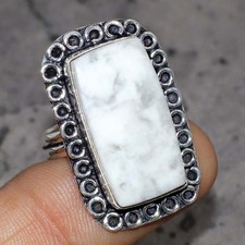 925 Silver Plated Howlite Ring Handmade Gemstone Jewelry Size US 9.5 JW