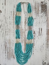 Multi-Strand Seed Bead Turquoise Color Silver Tone Statement Necklace B1
