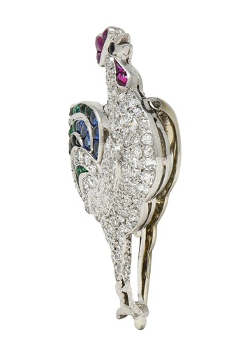 French Art Deco 4.15 CTW Diamond Multi-Gem Onyx Platinum Vintage Rooster Brooch - Picture 3 of 10