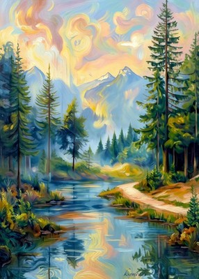 ACEO Artist Trading Card Landscape Art Print 2.5x3.5 ATC Forest River Mountains