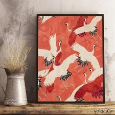 Wall Art Canvas Art Panel Red Crane Hokusai Style Blue Heron Unframed Art Print