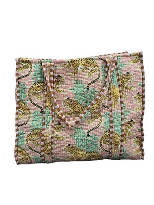 Indian Tiger Hand Block Printed 100% Cotton Quilted Shoulder Tote Bag