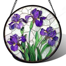 Stained Glass Window Hanging - Purple Iris Flower Sun 11.8x11.8 IN White Purple