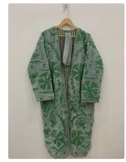 Velvet Suzani Kimono Robe |Hand-Embroidered Boho Coat | Green Floral Festival Ja