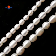 White Fresh Water Pearl Oval Rice Beads 6x8mm 7x9mm 8x10mm 10x11mm 15" Strand