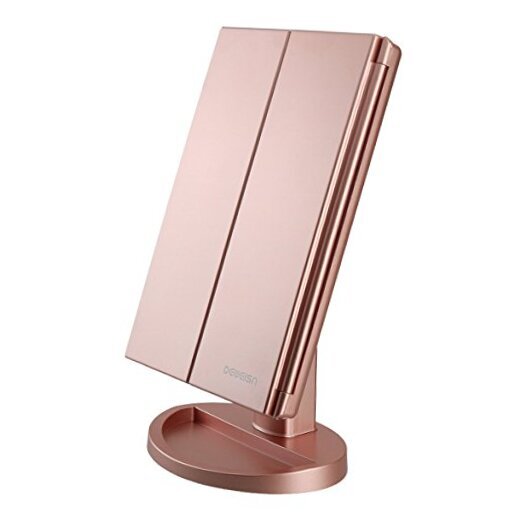Tri-Fold Rose Gold Vanity Mirror with Lights and Dresser Mount-image