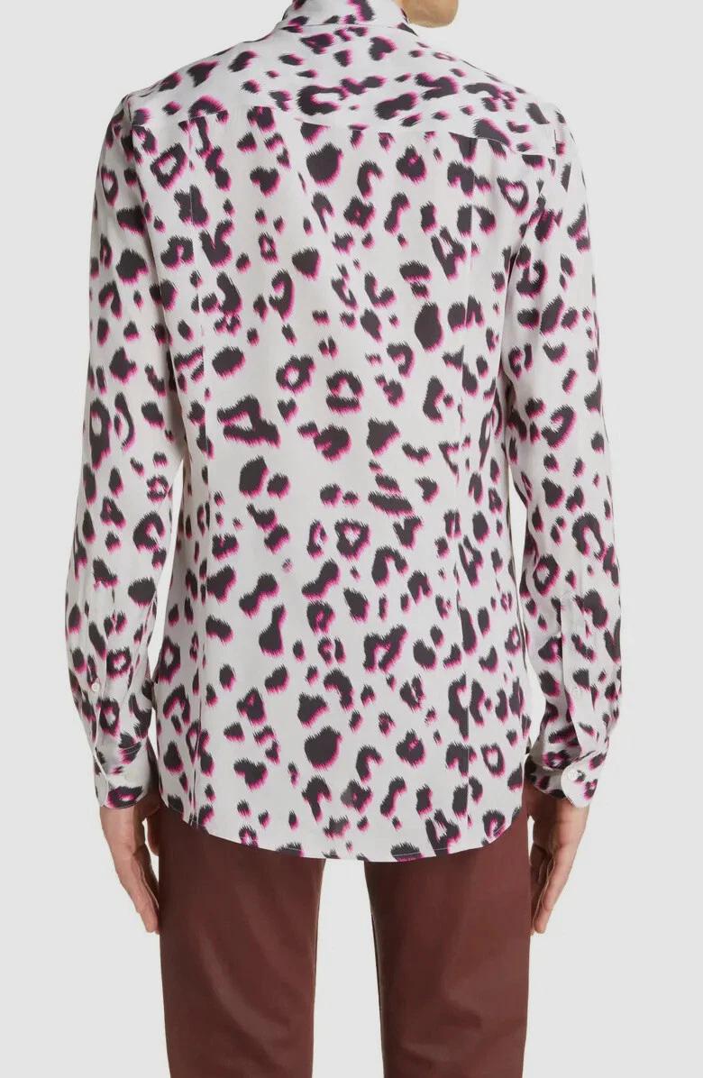 $655 Dries Van Noten Men White Leopard Print Button-Up Shirt Top