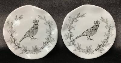 Pair of Q Squared Melamine Round Ruffled Coasters or Canape Plates Crowned Birds