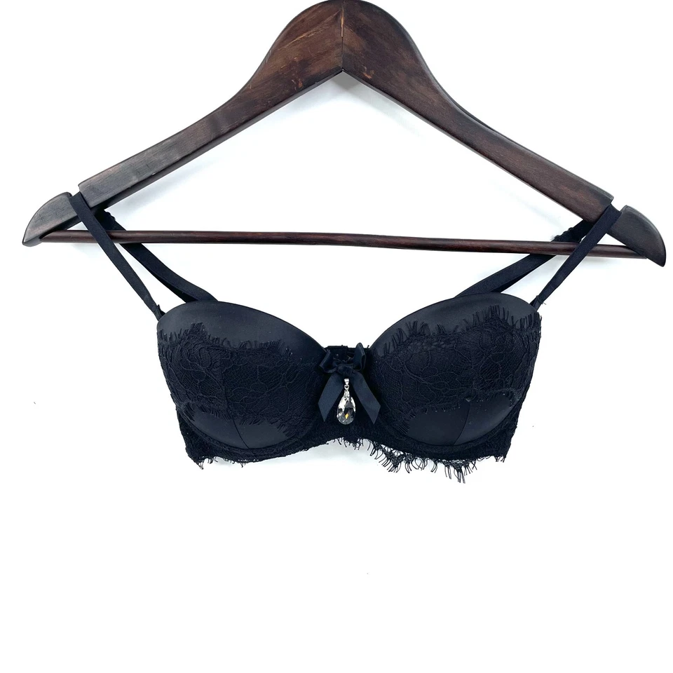 Honey Birdette Bridgette Bra Size 10C Black Lace Satin Bow Swarovski Crystal New - image 2 of 4