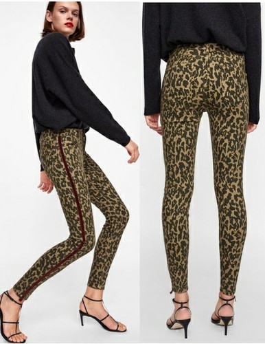 ZARA WOMAN sz 4 Premium Leopard Print Stretch Skinny Jeans with Velvet Stripe - Picture 2 of 7